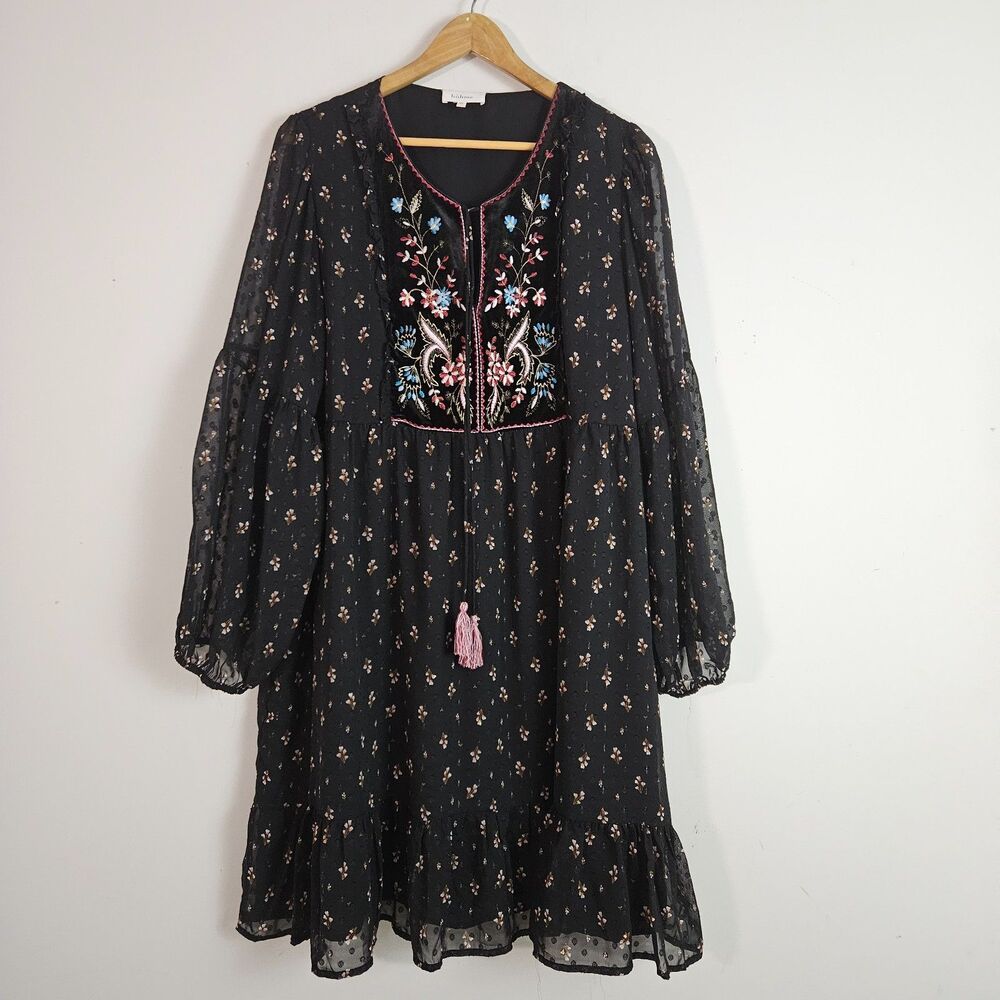 Bohme Tunic Dress XL Black Boho Sheer Chiffon Dark Fairy Floral Embroidered